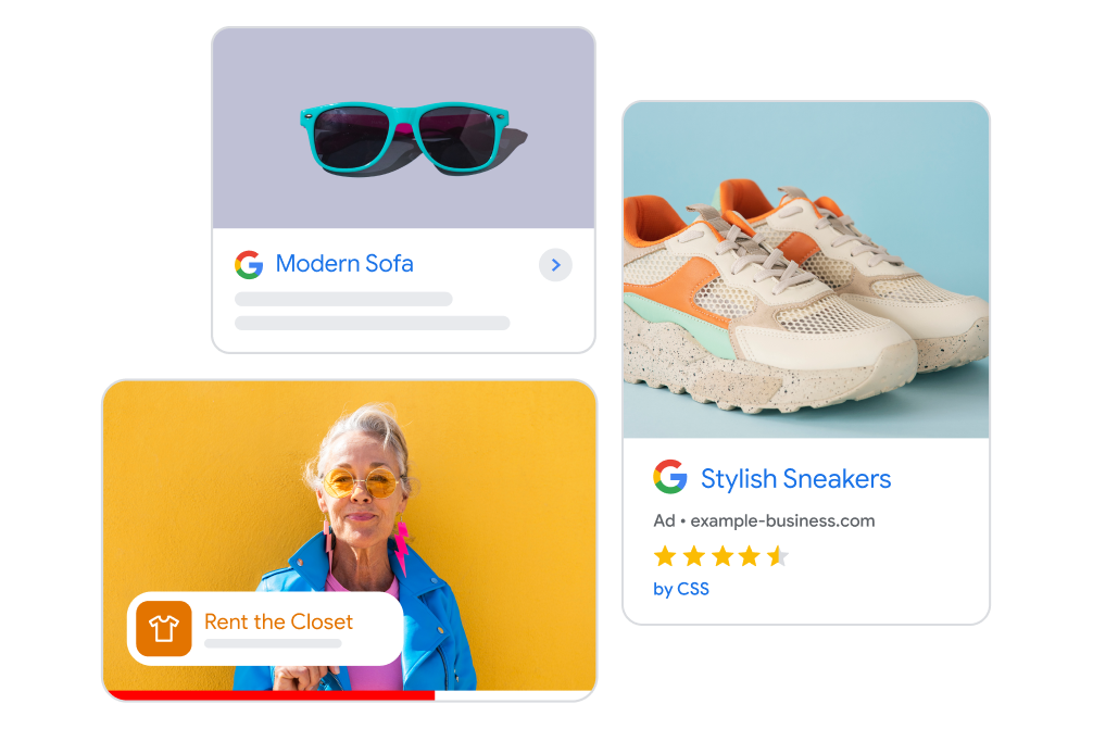 A variety of different Demand Gen ads, featuring women’s fashion, sunglasses, and sneakers.